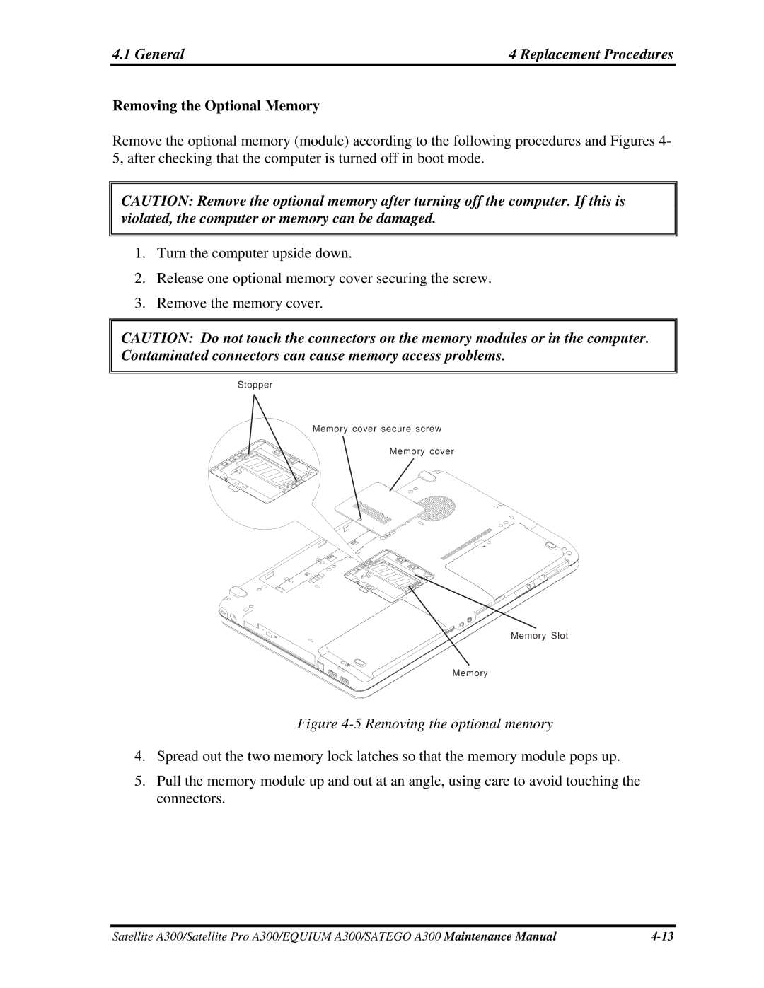 Toshiba PSAG9X, PSAGFX, PSAGBX, PSAGAX, PSAGQX, PSAGRX, PSAGCX manual Removing the Optional Memory, Removing the optional memory 