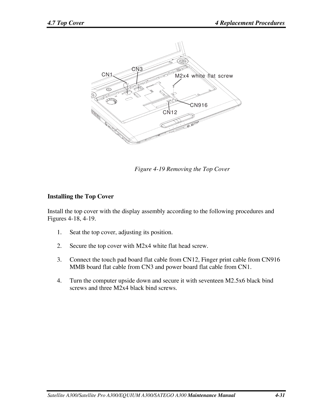 Toshiba PSAGQX, PSAGFX, PSAGBX, PSAGAX, PSAGRX, PSAGCX, PSAGVX manual Top Cover Replacement Procedures, Installing the Top Cover 