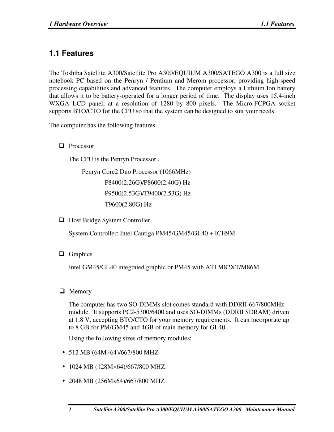 Toshiba PSAGVX, PSAGFX, PSAGBX, PSAGAX, PSAGQX, PSAGRX, PSAGCX, PSAG9X, PSAGUX, PSAGEX, PSAGDX manual Hardware Overview Features 