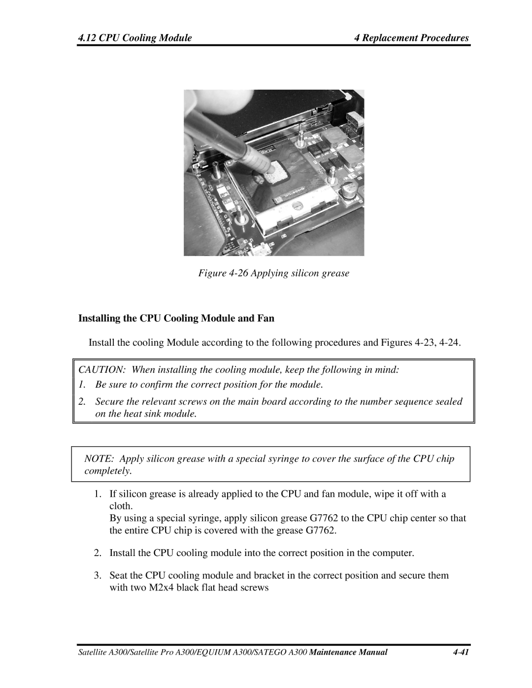 Toshiba PSAGAX, PSAGFX, PSAGBX, PSAGQX CPU Cooling Module Replacement Procedures, Installing the CPU Cooling Module and Fan 