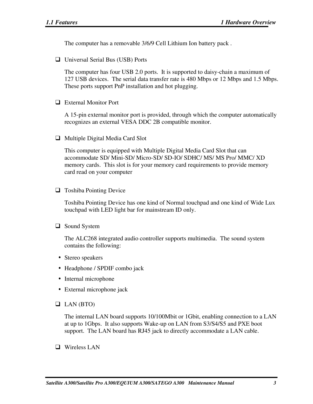 Toshiba PSAGUX, PSAGFX, PSAGBX, PSAGAX, PSAGQX, PSAGRX, PSAGCX, PSAGVX, PSAG9X, PSAGEX manual Features Hardware Overview, ‰ Lan Bto 