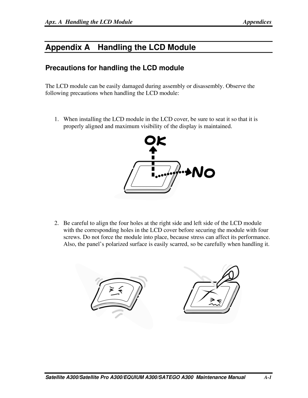 Toshiba PSAG9X, PSAGFX, PSAGBX, PSAGAX Precautions for handling the LCD module, Apx. a Handling the LCD Module Appendices 