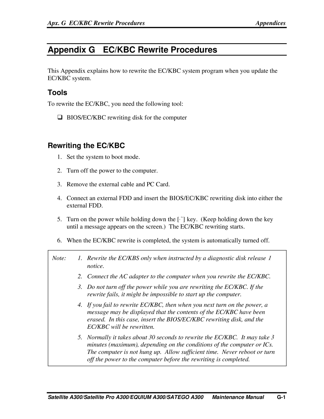 Toshiba PSAGDX, PSAGFX, PSAGBX, PSAGAX, PSAGQX manual Tools, Rewriting the EC/KBC, Apx. G EC/KBC Rewrite Procedures Appendices 