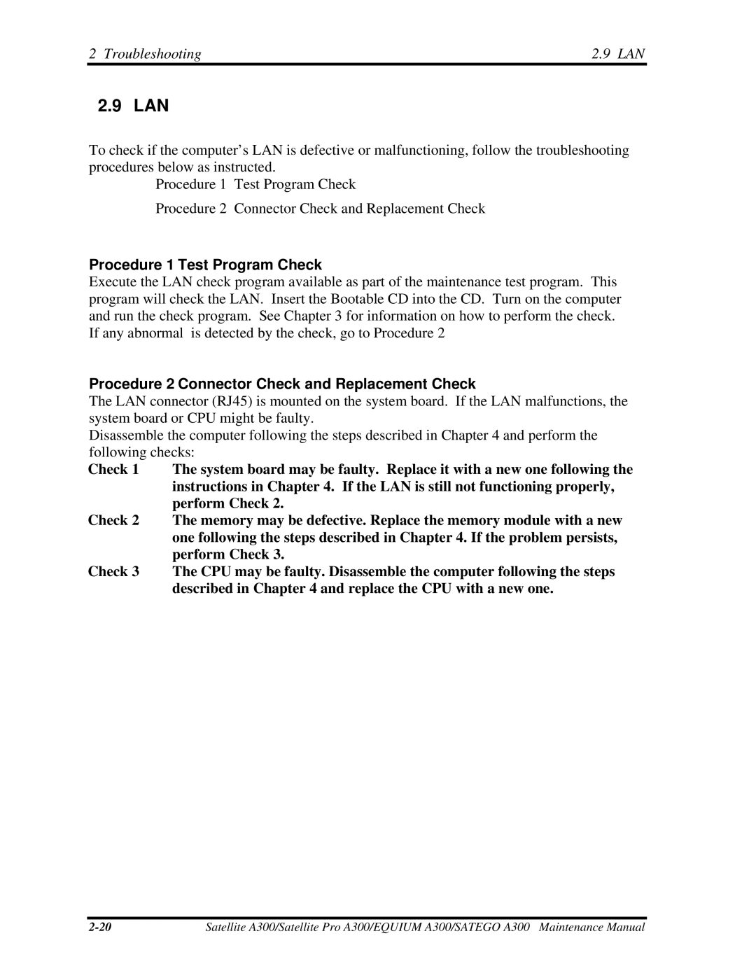 Toshiba PSAGQX, PSAGFX, PSAGBX, PSAGAX, PSAGRX, PSAGCX, PSAGVX, PSAG9X, PSAGUX, PSAGEX, PSAGDX Lan, Procedure 1 Test Program Check 