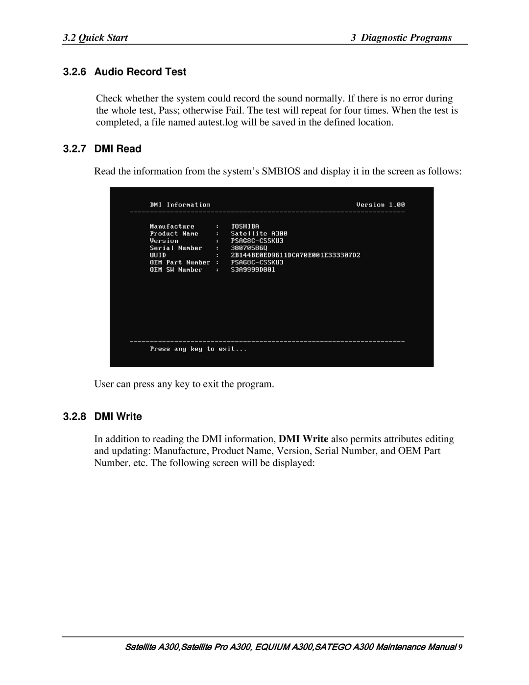 Toshiba PSAGDX, PSAGFX, PSAGBX, PSAGAX, PSAGQX, PSAGRX, PSAGCX, PSAGVX, PSAG9X, PSAGUX manual Audio Record Test, DMI Read, DMI Write 