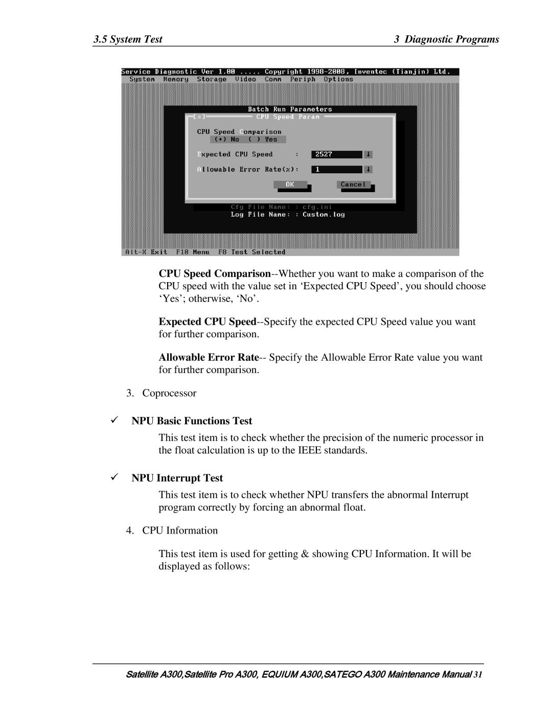 Toshiba PSAGDX, PSAGFX, PSAGBX, PSAGAX, PSAGQX System Test Diagnostic Programs, NPU Basic Functions Test, NPU Interrupt Test 