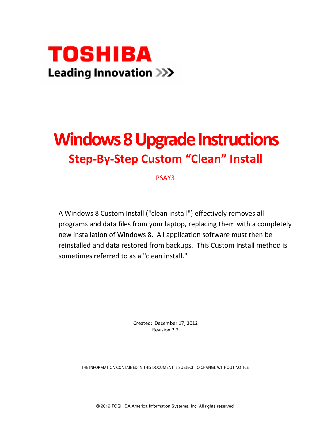 Toshiba PSAY3 manual Windows 8UpgradeInstructions 