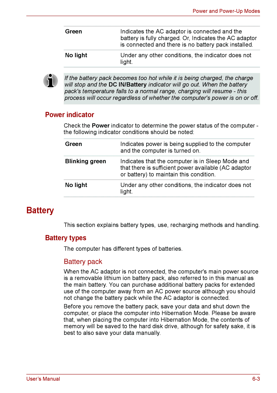 Toshiba PSC08U-02D01D user manual Power indicator, Battery types, Battery pack 