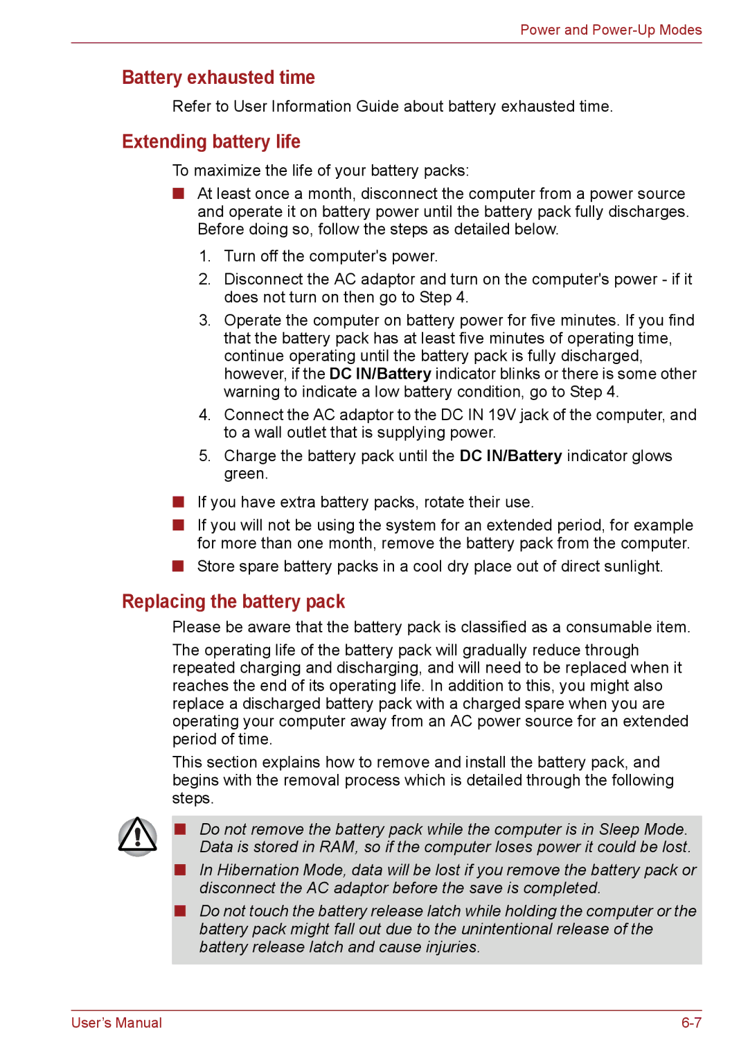 Toshiba PSC08U-02D01D user manual Battery exhausted time, Extending battery life, Replacing the battery pack 