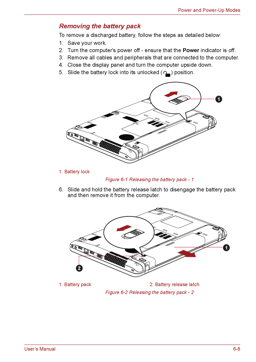 Toshiba PSC08U-02D01D user manual Removing the battery pack, Releasing the battery pack 