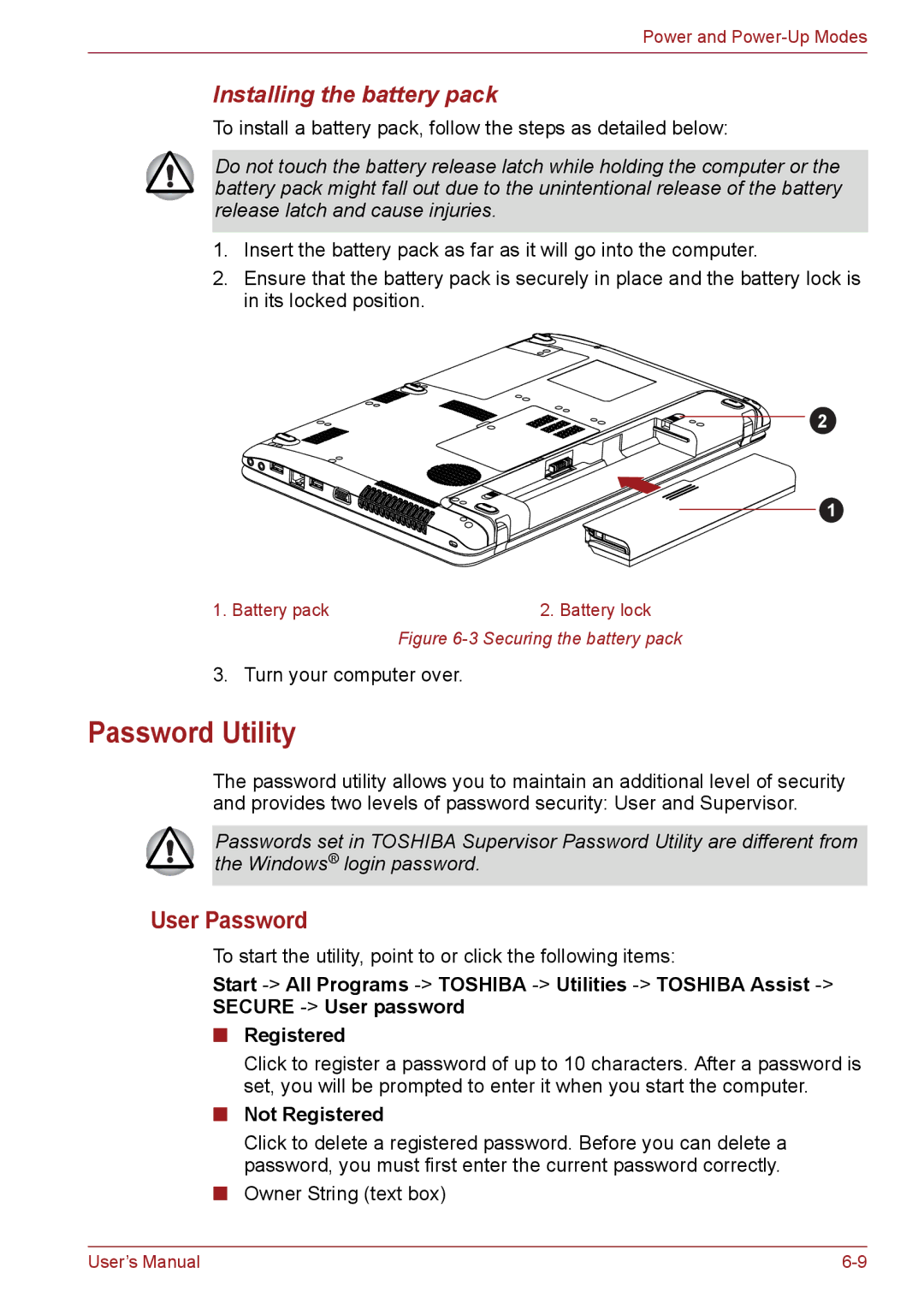 Toshiba PSC08U-02D01D user manual Password Utility, User Password, Installing the battery pack, Not Registered 