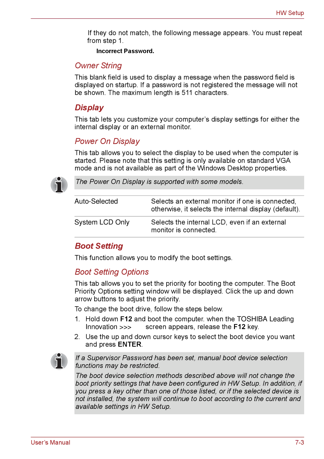 Toshiba PSC08U-02D01D user manual Owner String, Boot Setting 