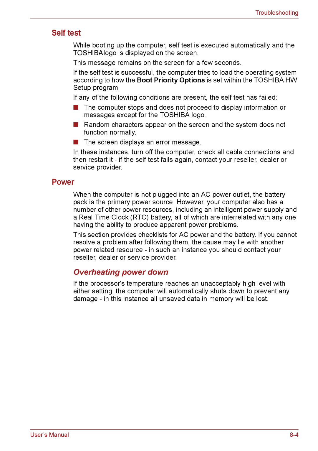 Toshiba PSC08U-02D01D user manual Self test, Power, Overheating power down 