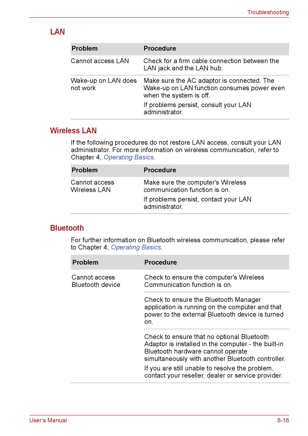 Toshiba PSC08U-02D01D user manual Lan, Bluetooth 