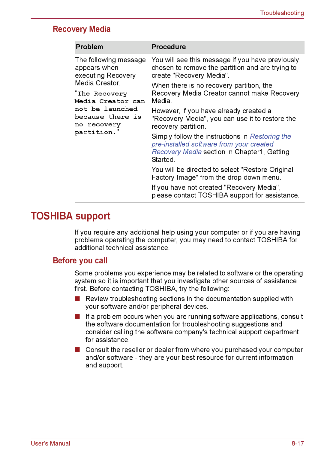 Toshiba PSC08U-02D01D user manual Toshiba support, Recovery Media, Before you call 