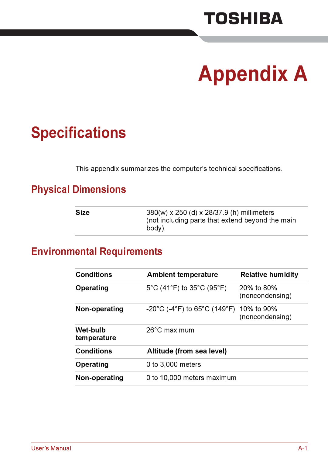 Toshiba PSC08U-02D01D user manual Specifications, Physical Dimensions, Environmental Requirements, Size 