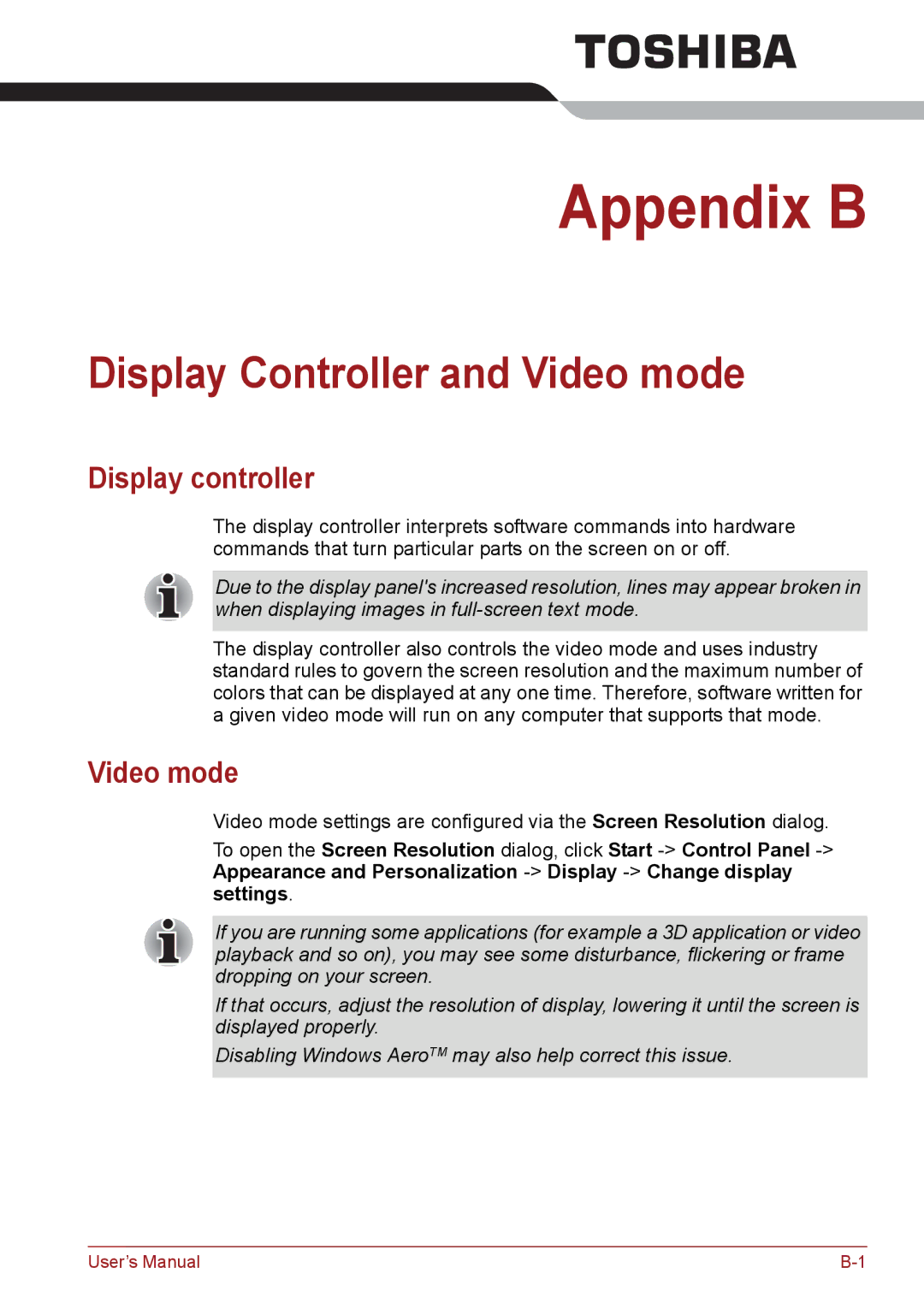 Toshiba PSC08U-02D01D user manual Display Controller and Video mode, Display controller 