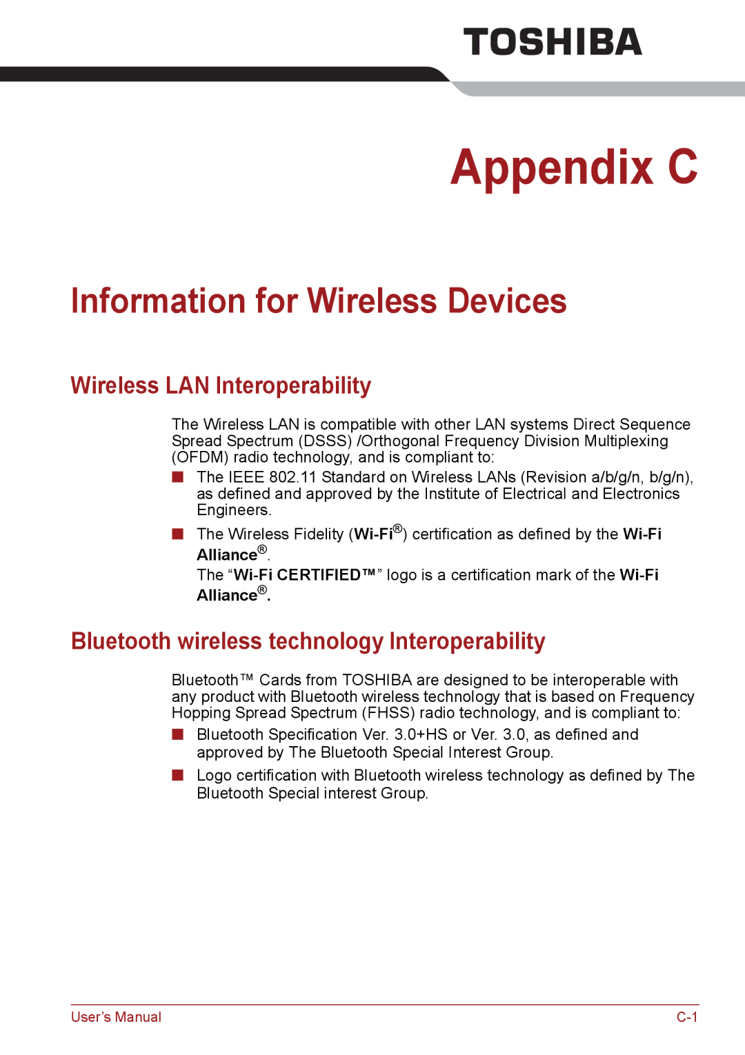 Toshiba PSC08U-02D01D user manual Information for Wireless Devices, Wireless LAN Interoperability, Alliance 