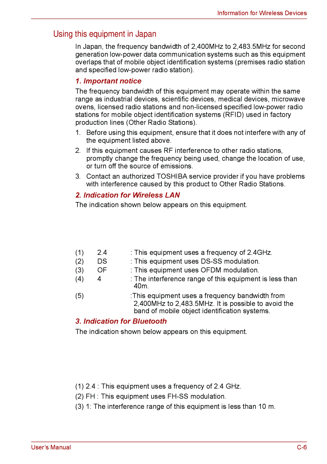 Toshiba PSC08U-02D01D user manual Using this equipment in Japan, Important notice 