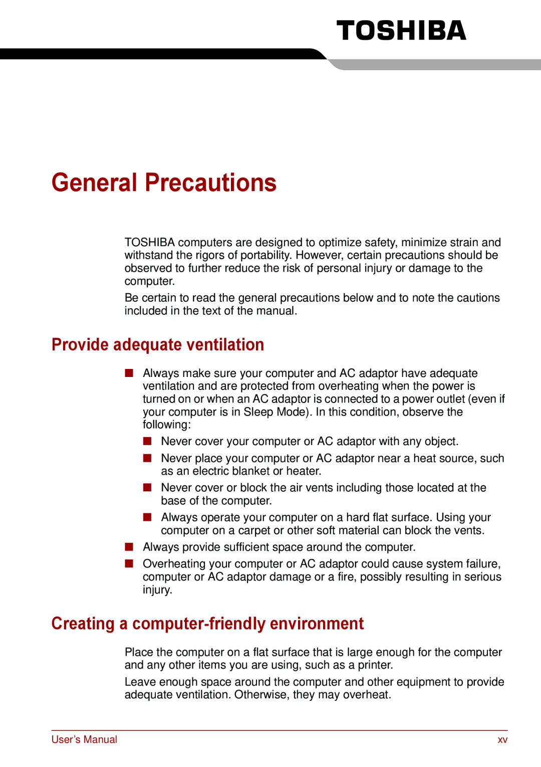 Toshiba PSC08U-02D01D General Precautions, Provide adequate ventilation, Creating a computer-friendly environment 