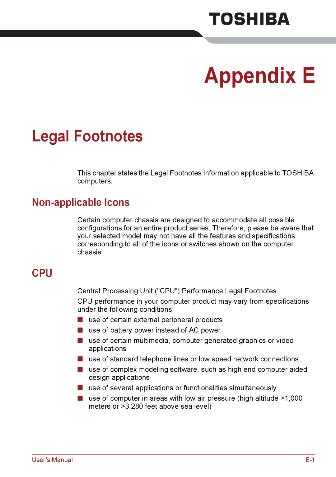 Toshiba PSC08U-02D01D user manual Legal Footnotes, Non-applicable Icons 