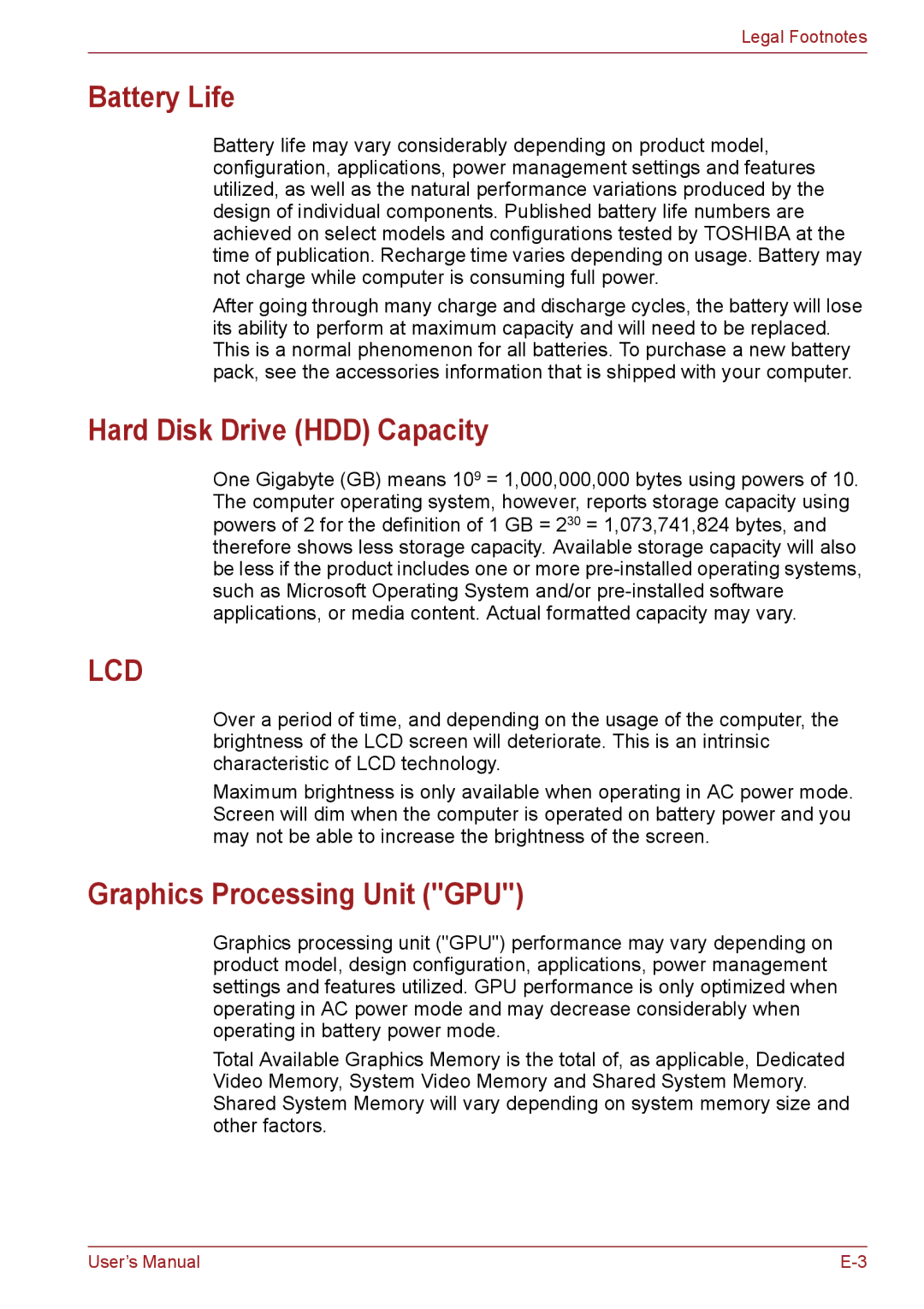 Toshiba PSC08U-02D01D user manual Battery Life, Hard Disk Drive HDD Capacity, Graphics Processing Unit GPU 