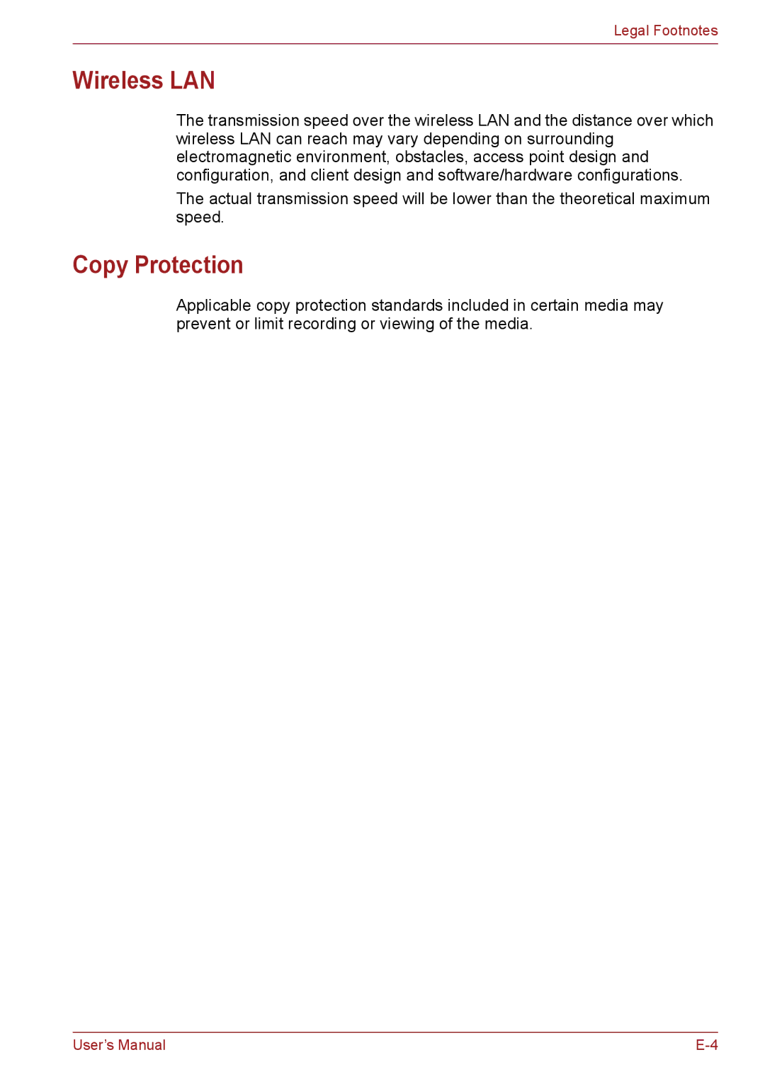 Toshiba PSC08U-02D01D user manual Wireless LAN, Copy Protection 