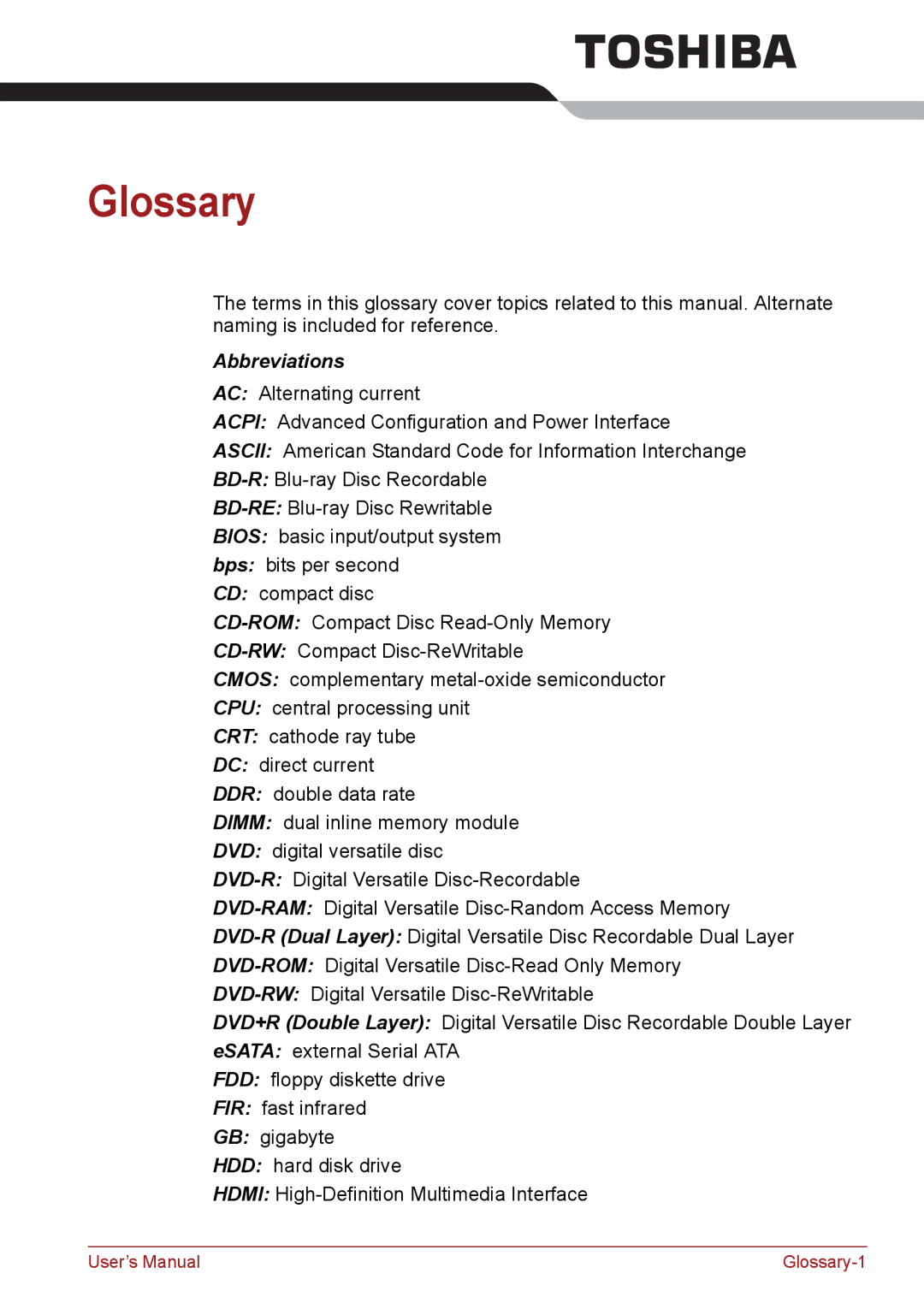 Toshiba PSC08U-02D01D user manual Glossary, Abbreviations 