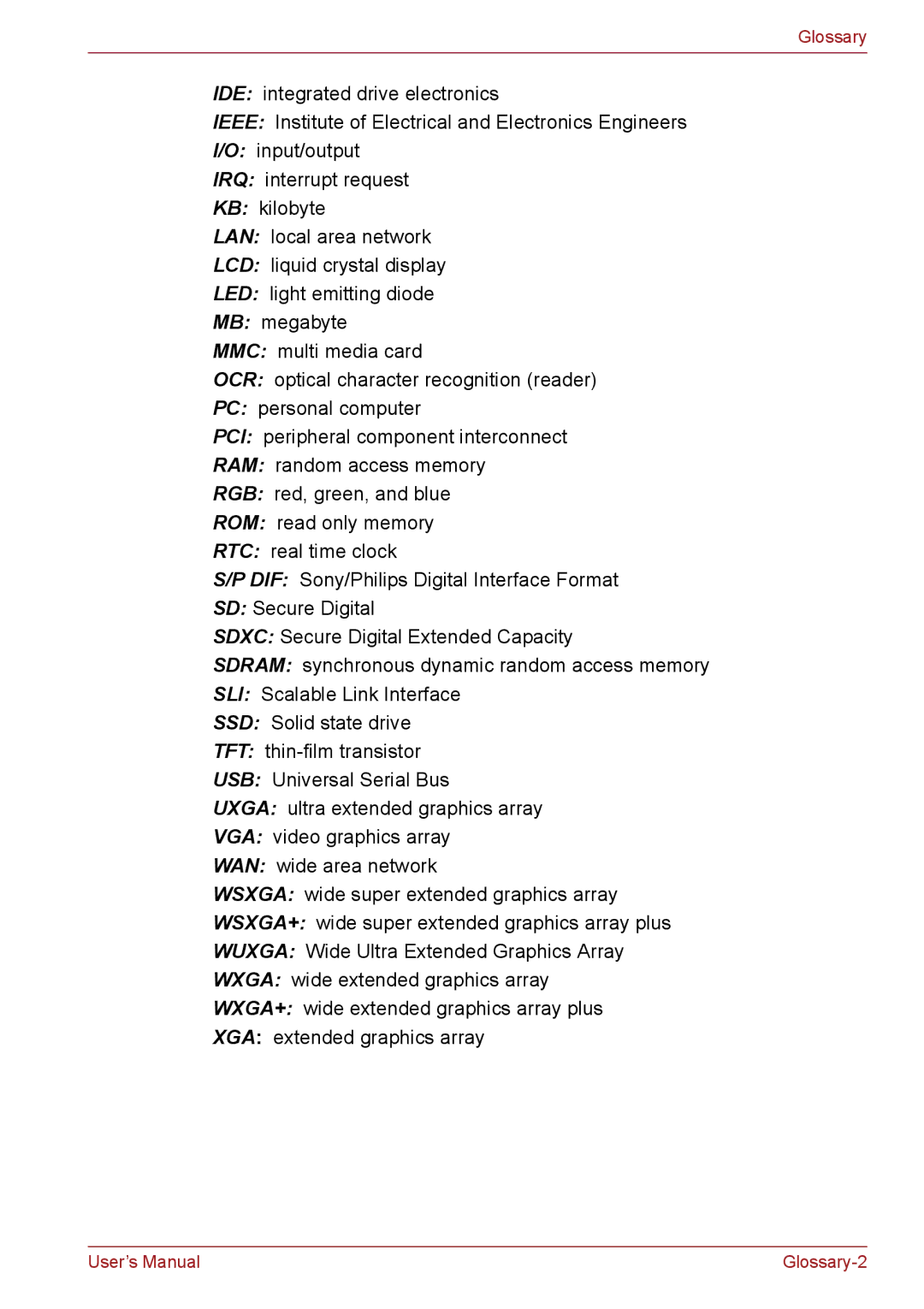 Toshiba PSC08U-02D01D user manual Glossary 