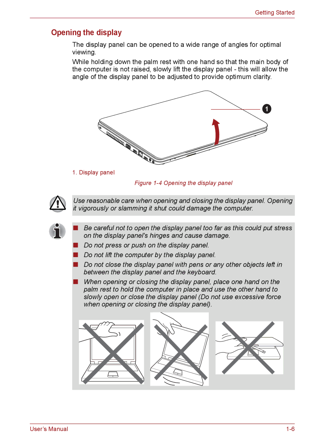 Toshiba PSC08U-02D01D user manual Opening the display panel 