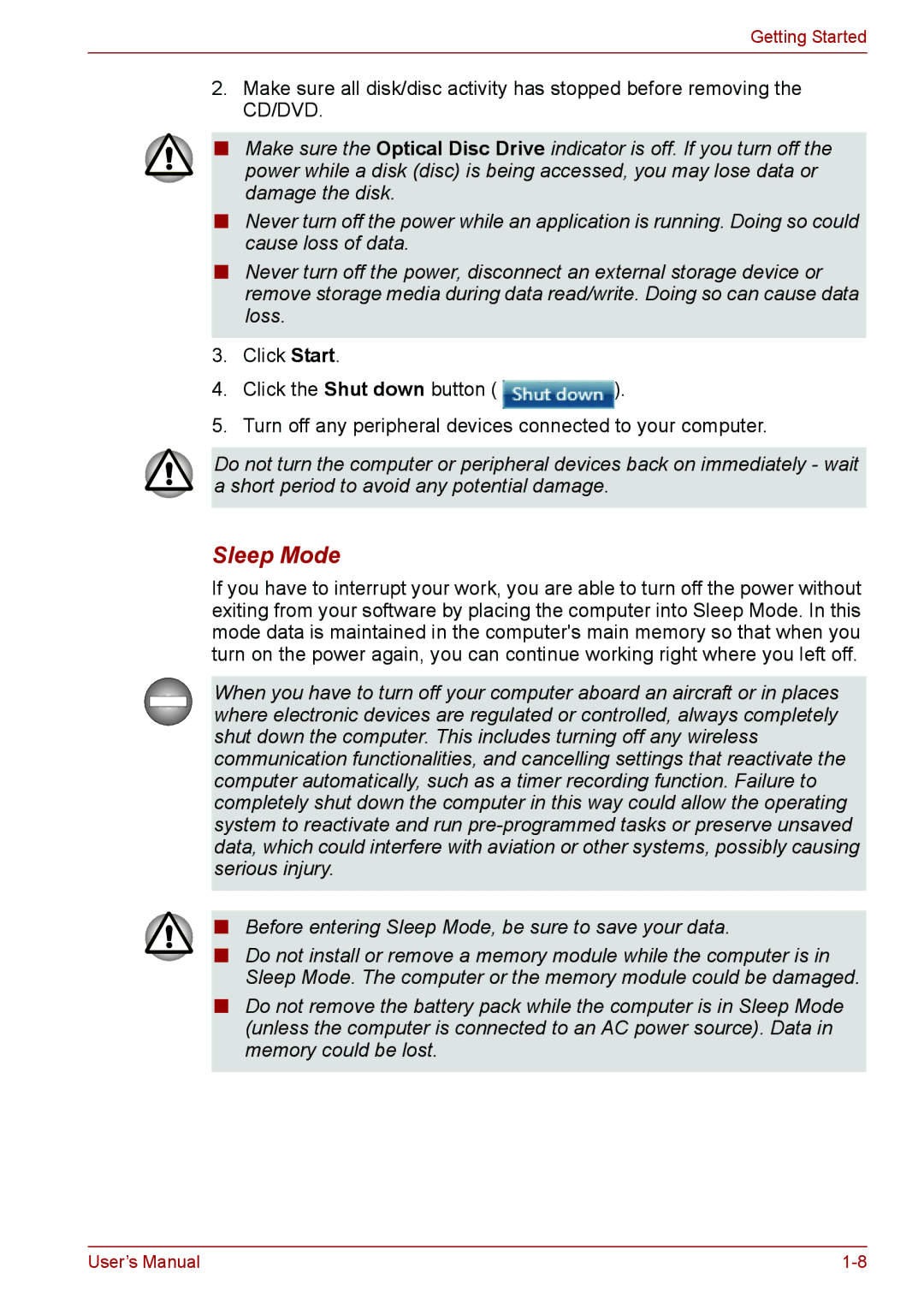 Toshiba PSC08U-02D01D user manual Sleep Mode 