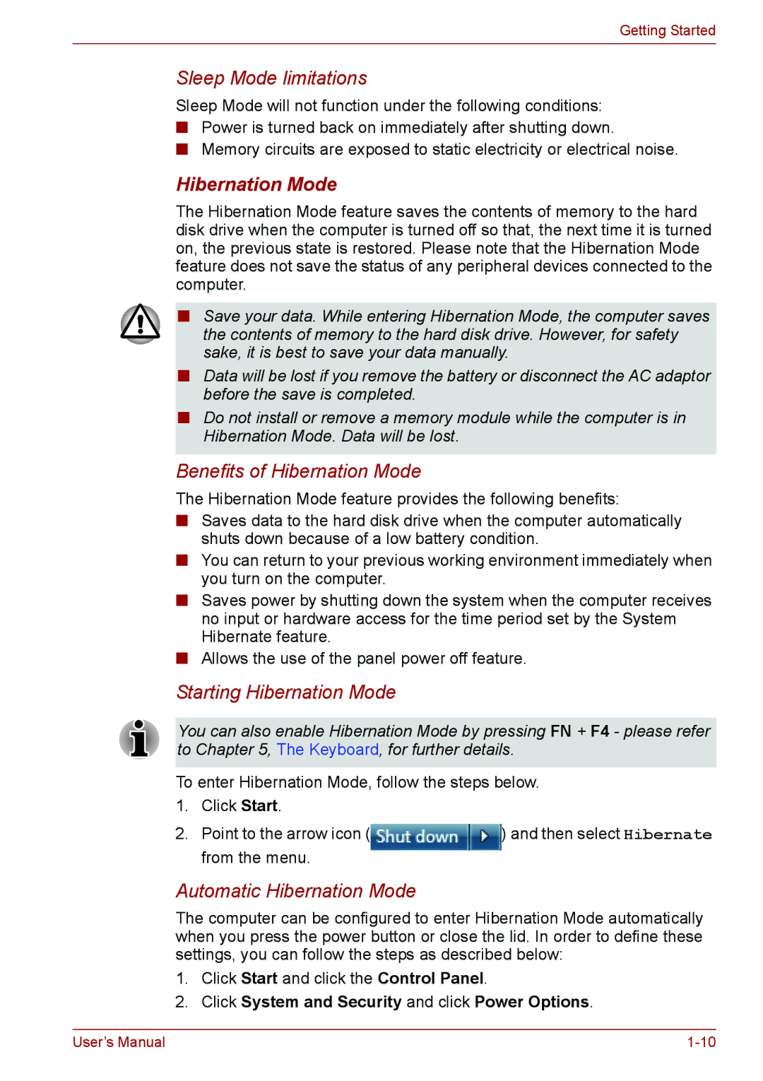 Toshiba PSC08U-02D01D user manual Hibernation Mode, Click System and Security and click Power Options 