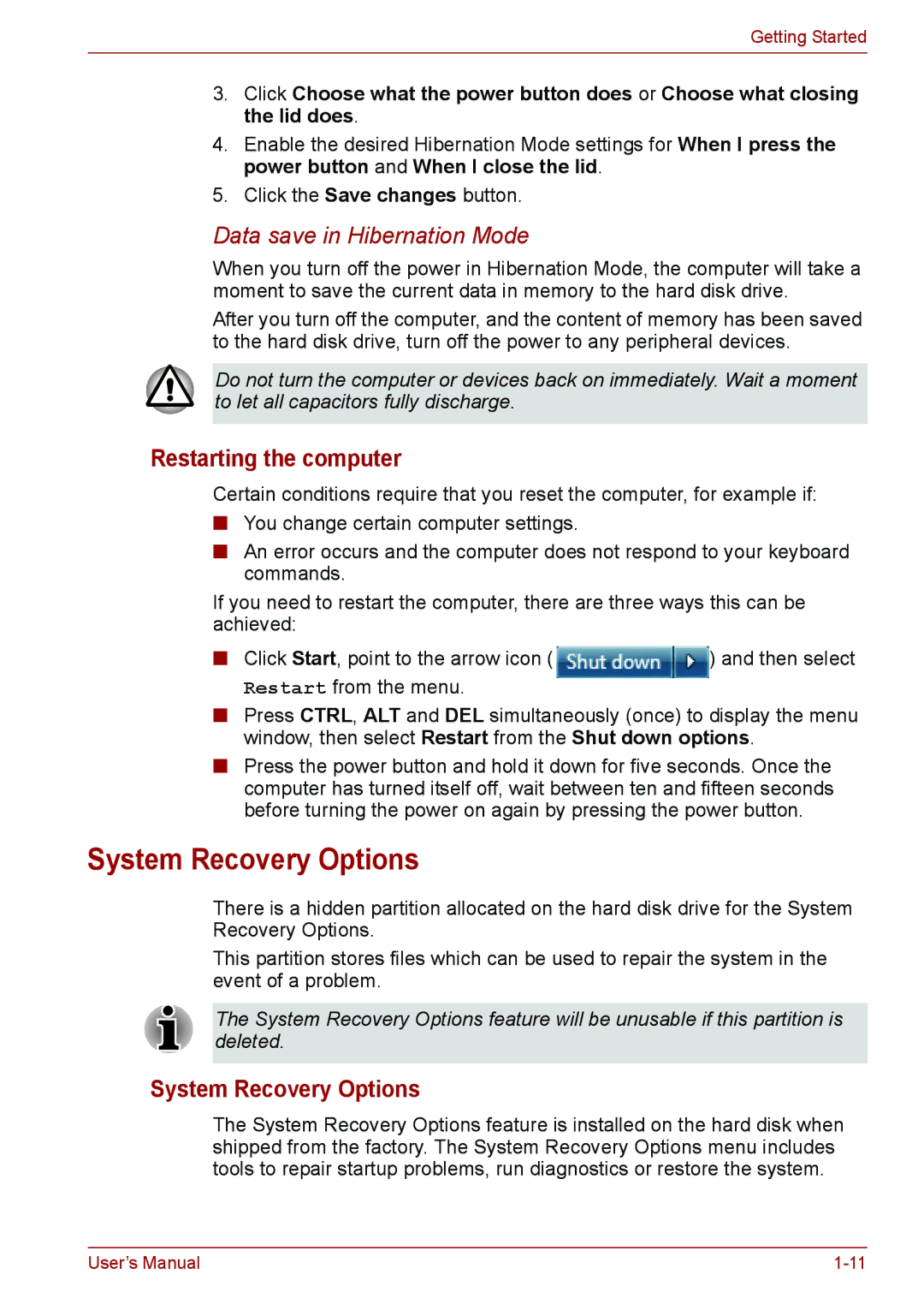 Toshiba PSC08U-02D01D user manual System Recovery Options, Restarting the computer 