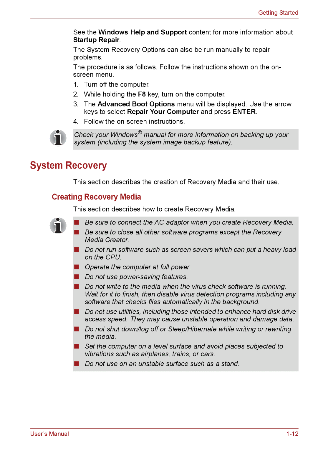 Toshiba PSC08U-02D01D user manual System Recovery, Creating Recovery Media 