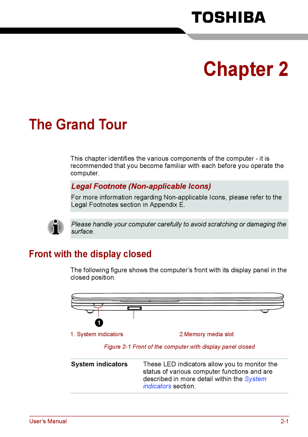 Toshiba PSC08U-02D01D user manual Grand Tour, Front with the display closed, Legal Footnote Non-applicable Icons 