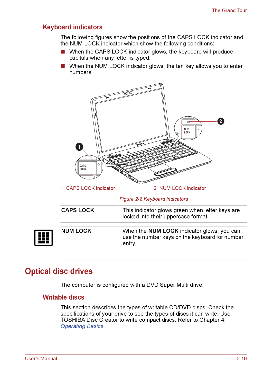 Toshiba PSC08U-02D01D user manual Optical disc drives, Keyboard indicators, Writable discs 