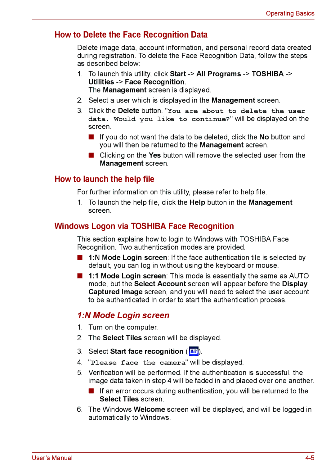 Toshiba PSC08U-02D01D How to Delete the Face Recognition Data, How to launch the help file, 1N Mode Login screen 