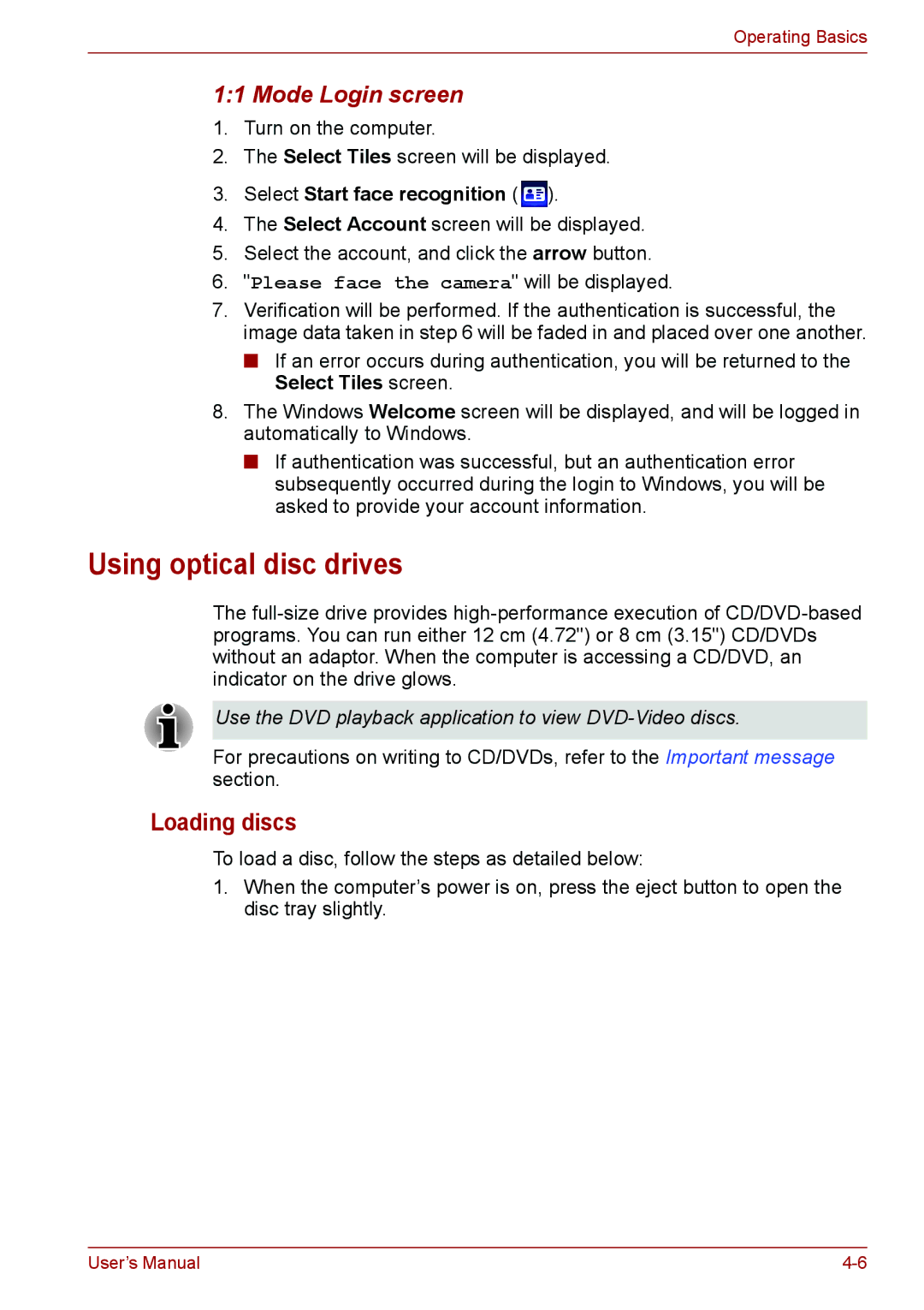 Toshiba PSC08U-02D01D user manual Using optical disc drives, Loading discs, Mode Login screen 