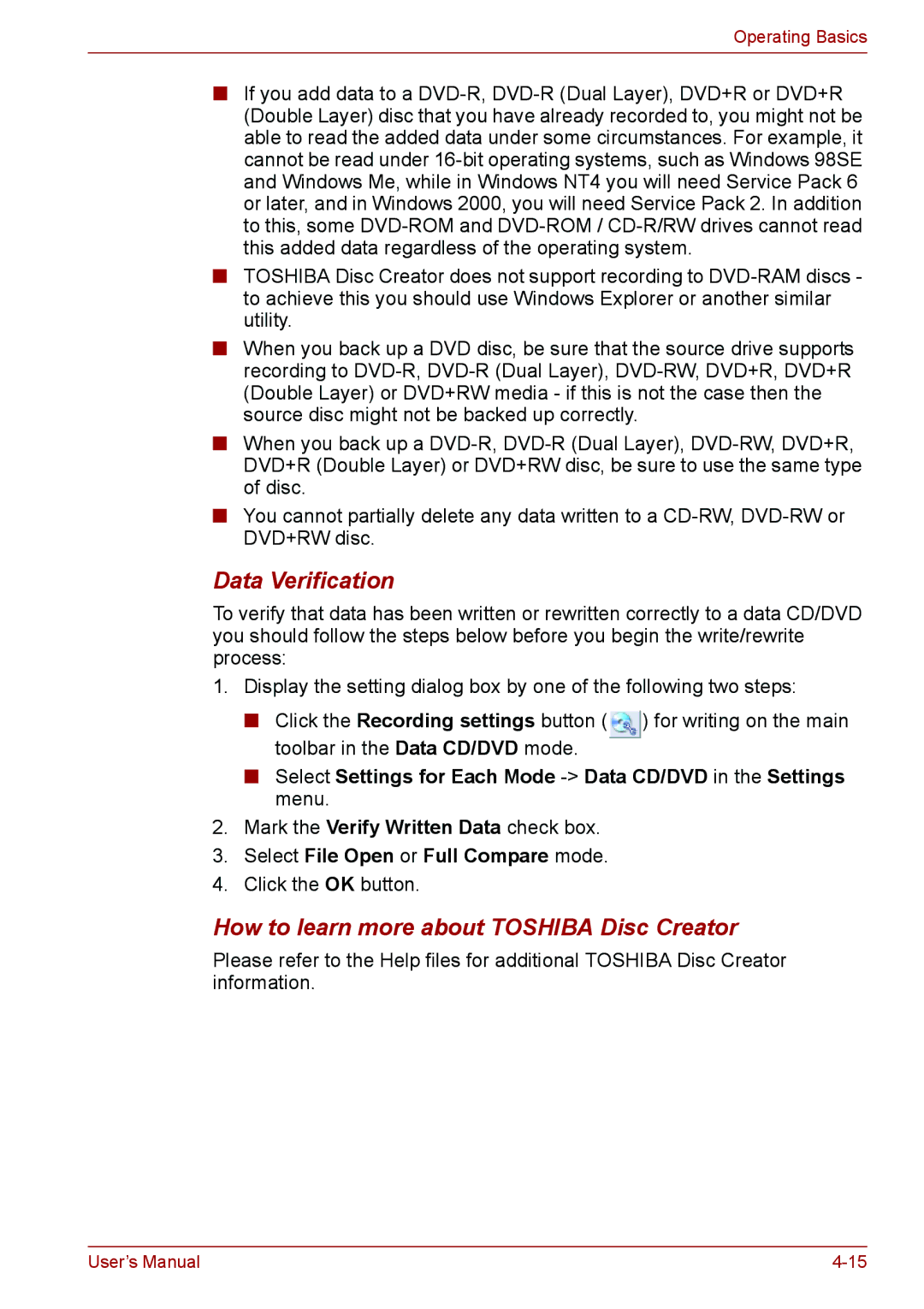 Toshiba PSC08U-02D01D user manual Data Verification, How to learn more about Toshiba Disc Creator 