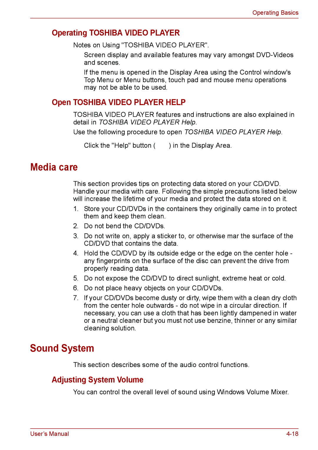 Toshiba PSC08U-02D01D user manual Media care, Sound System, Operating Toshiba Video Player, Open Toshiba Video Player Help 