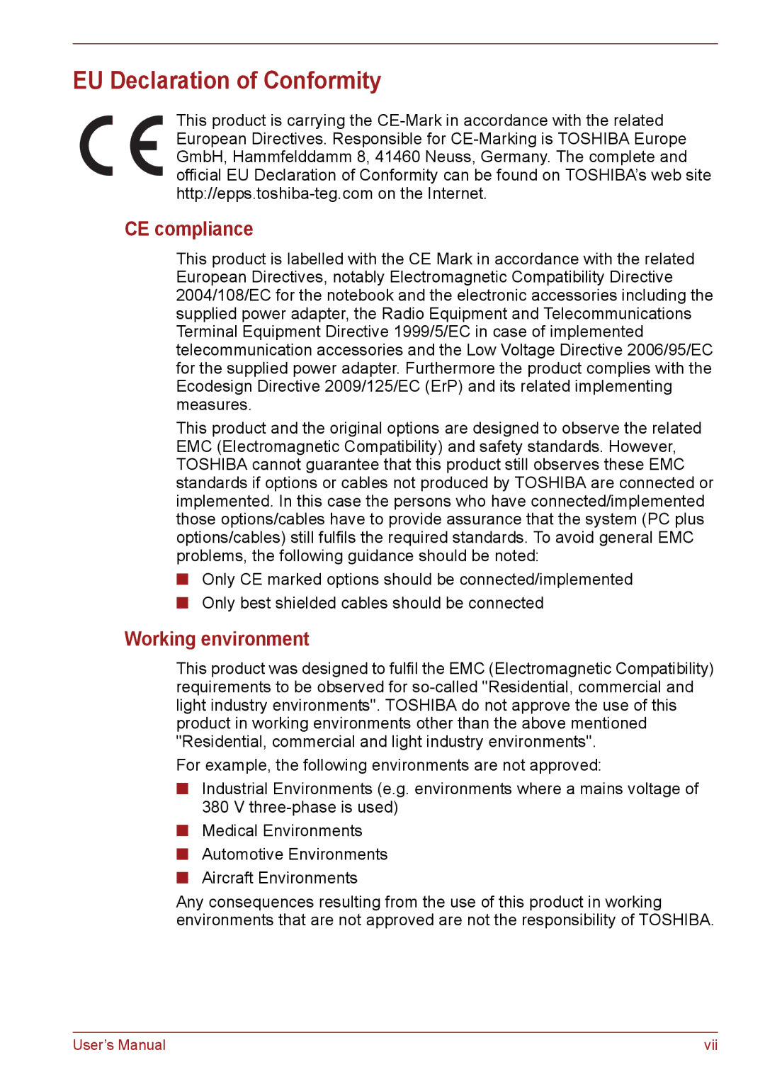 Toshiba PSC08U-02D01D user manual EU Declaration of Conformity, CE compliance, Working environment 