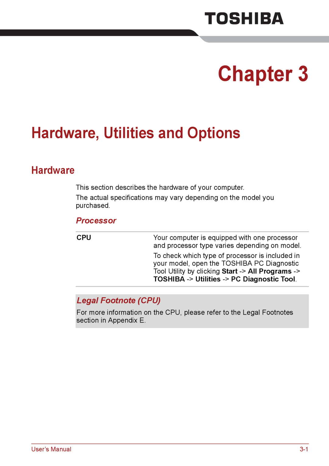 Toshiba PSC08U-02D01D Hardware, Utilities and Options, Processor, Legal Footnote CPU, Toshiba Utilities PC Diagnostic Tool 