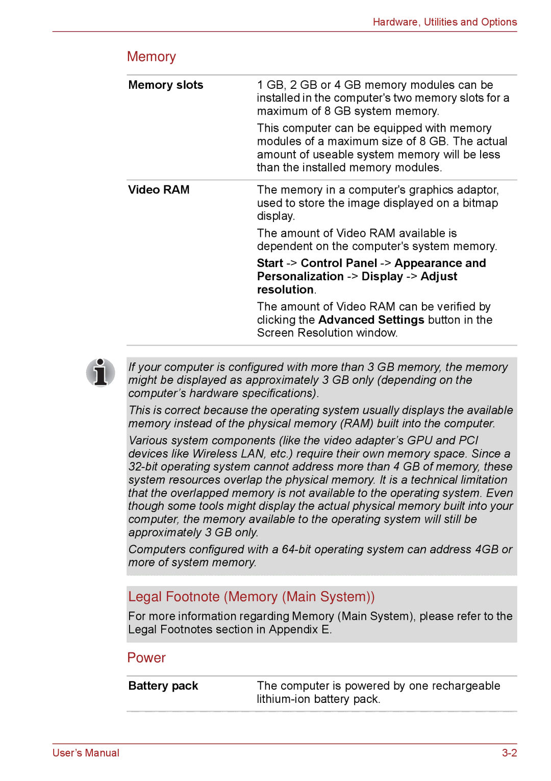 Toshiba PSC08U-02D01D user manual Legal Footnote Memory Main System, Power 