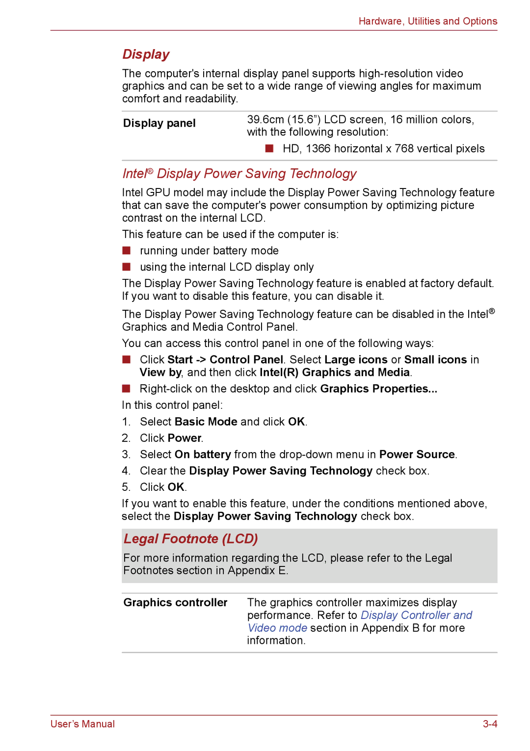 Toshiba PSC08U-02D01D Legal Footnote LCD, Display panel, Clear the Display Power Saving Technology check box 