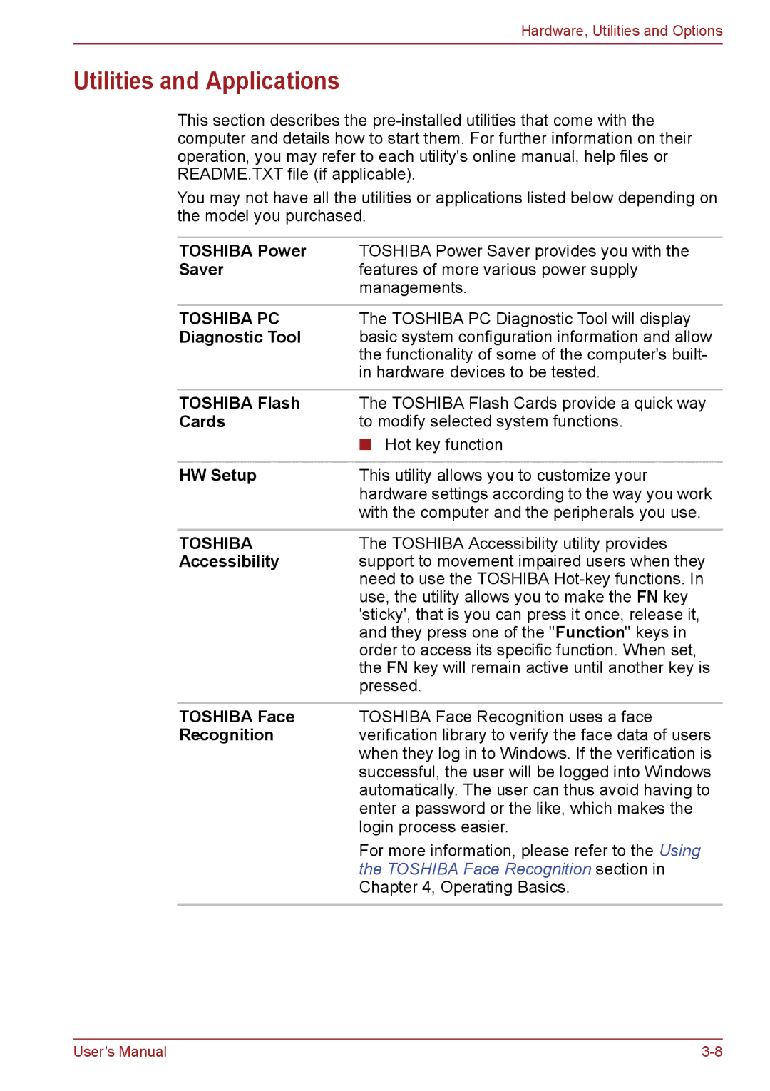 Toshiba PSC08U-02D01D user manual Utilities and Applications 