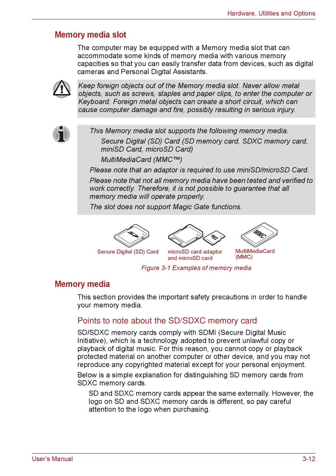 Toshiba PSC08U-02D01D user manual Memory media slot, Points to note about the SD/SDXC memory card 