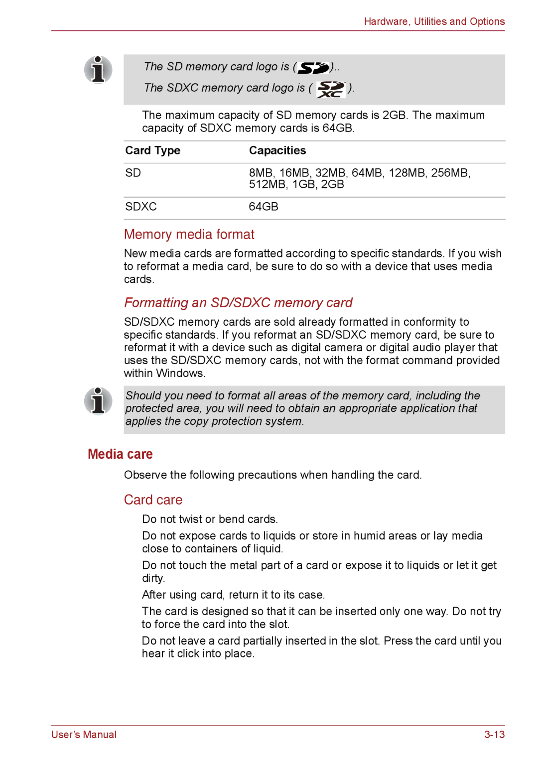 Toshiba PSC08U-02D01D user manual Media care, Memory media format, Card care, Card Type Capacities 