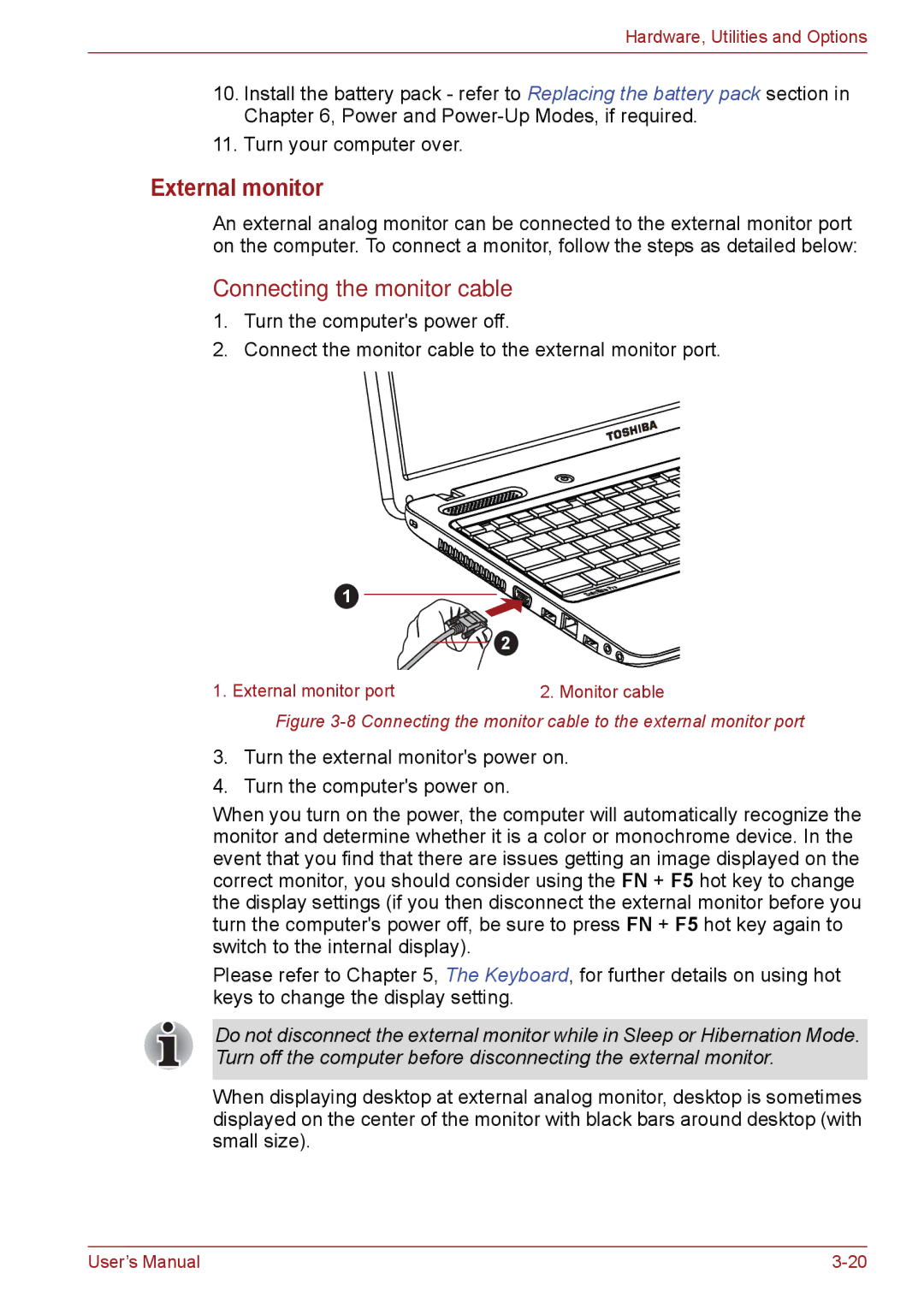 Toshiba PSC08U-02D01D user manual External monitor, Connecting the monitor cable 