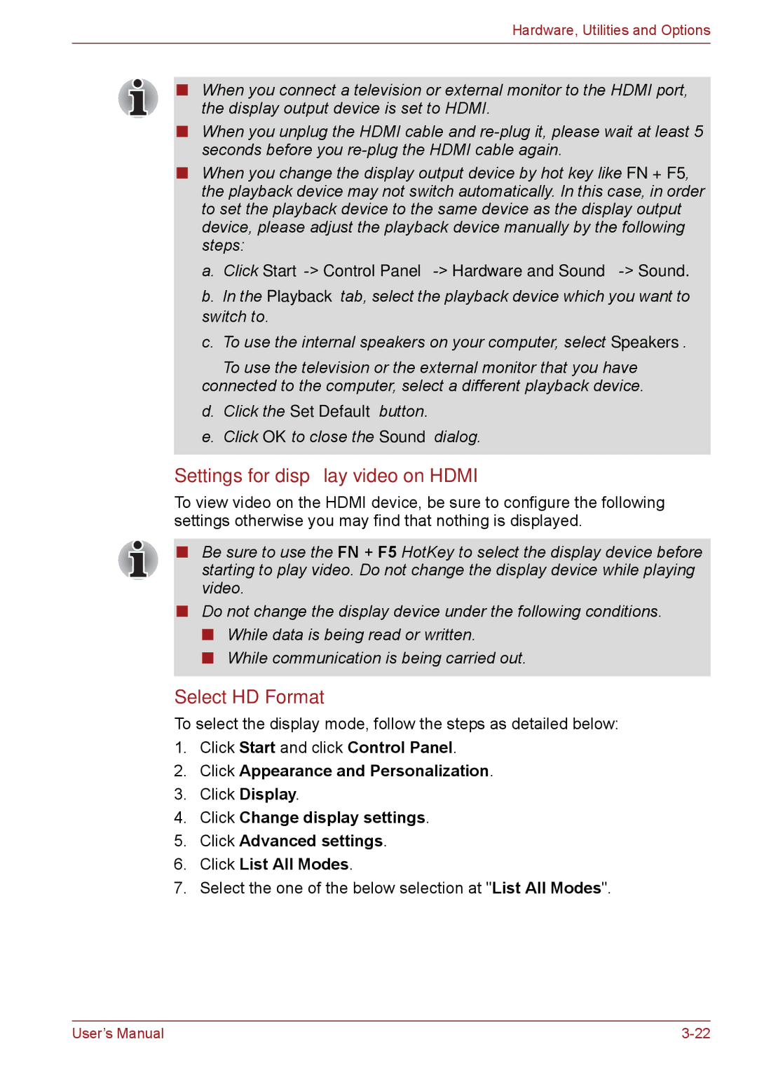 Toshiba PSC08U-02D01D user manual Settings for display video on Hdmi, Select HD Format 