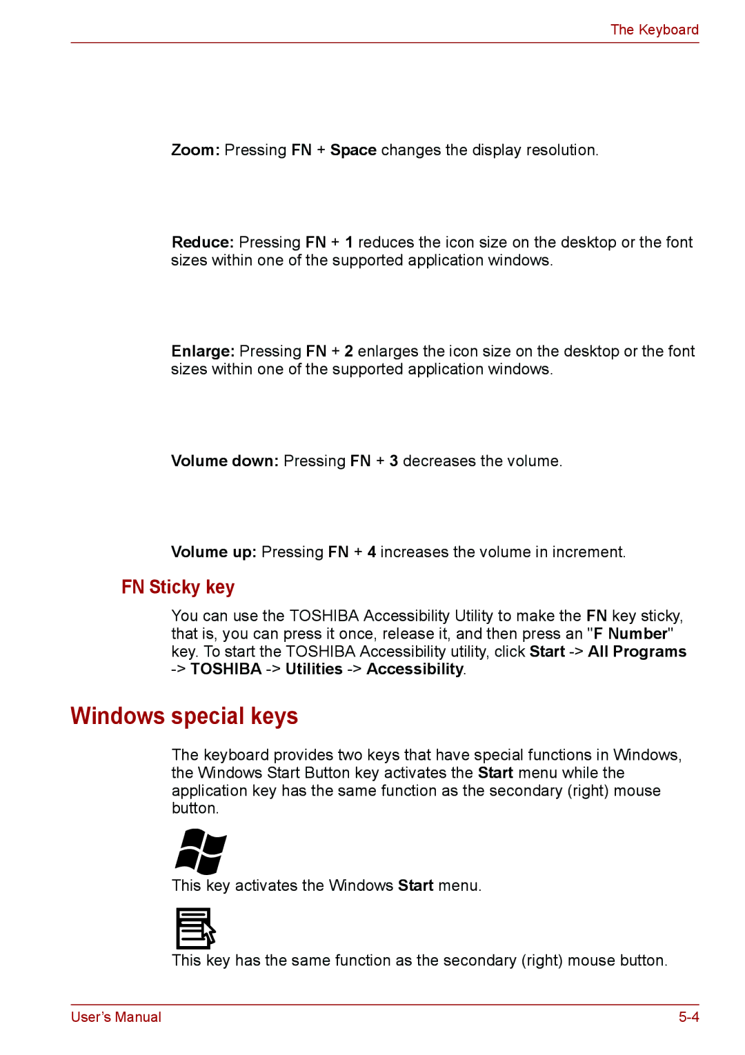 Toshiba PSC08U-02D01D user manual Windows special keys, FN Sticky key 